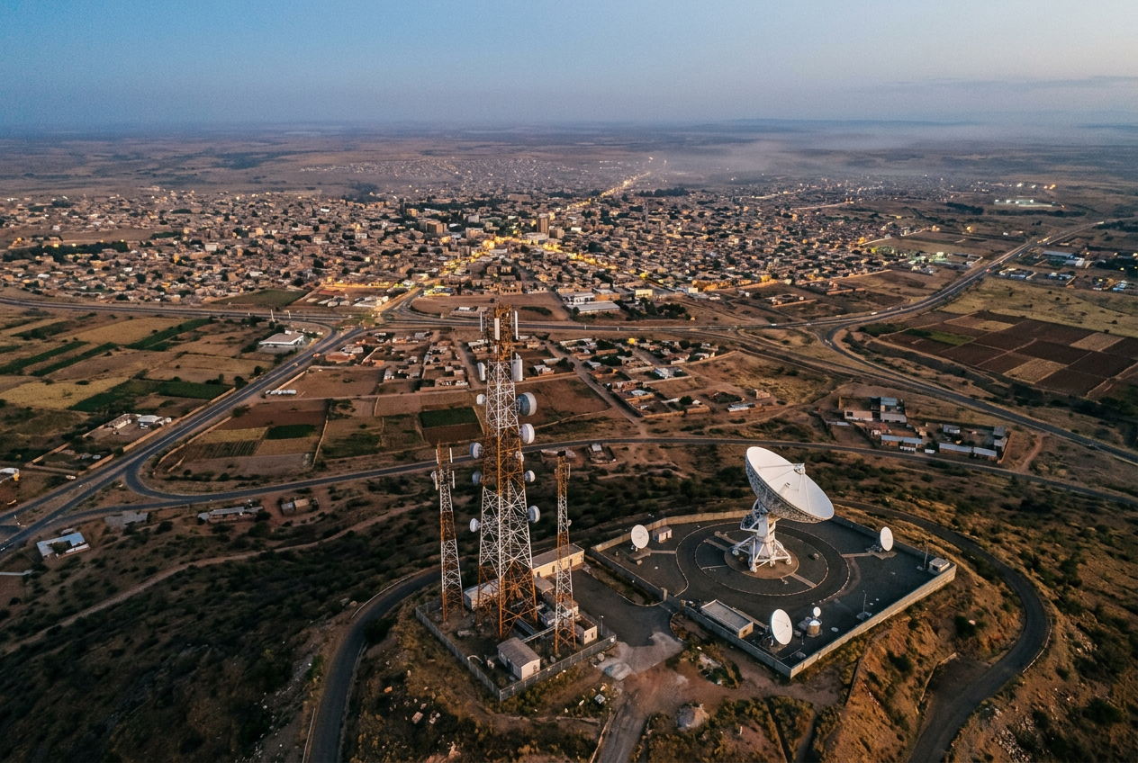 Africa at dusk connected by satellite gateways and cross-border routes