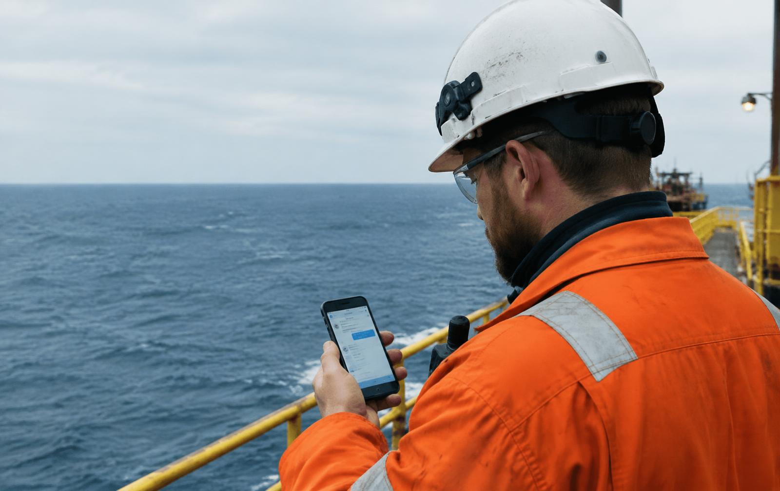 Offshore worker checking messages on a standard smartphone at sea