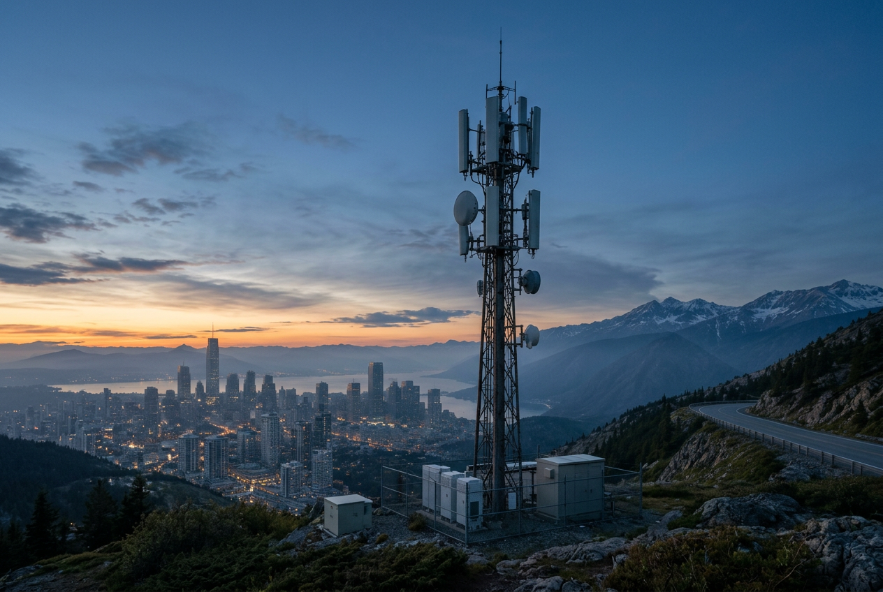 Mobile tower serving a city while satellite coverage reaches a remote mountain road