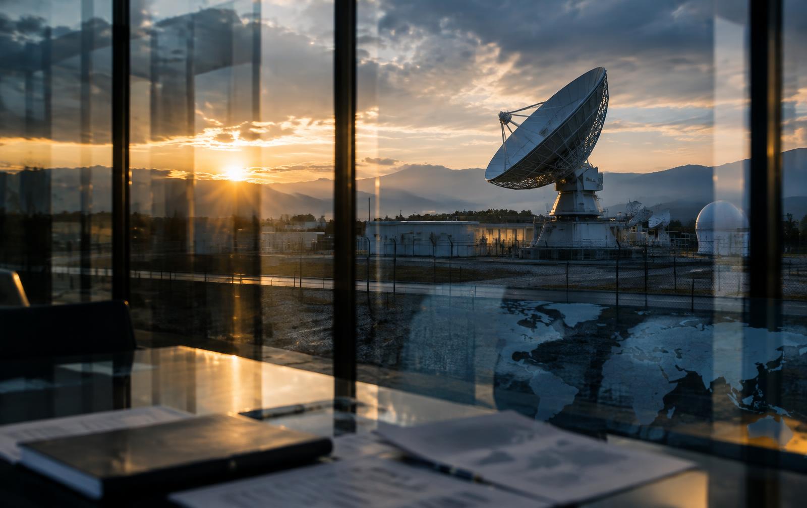 Satellite ground station seen through reflective office glass at dawn