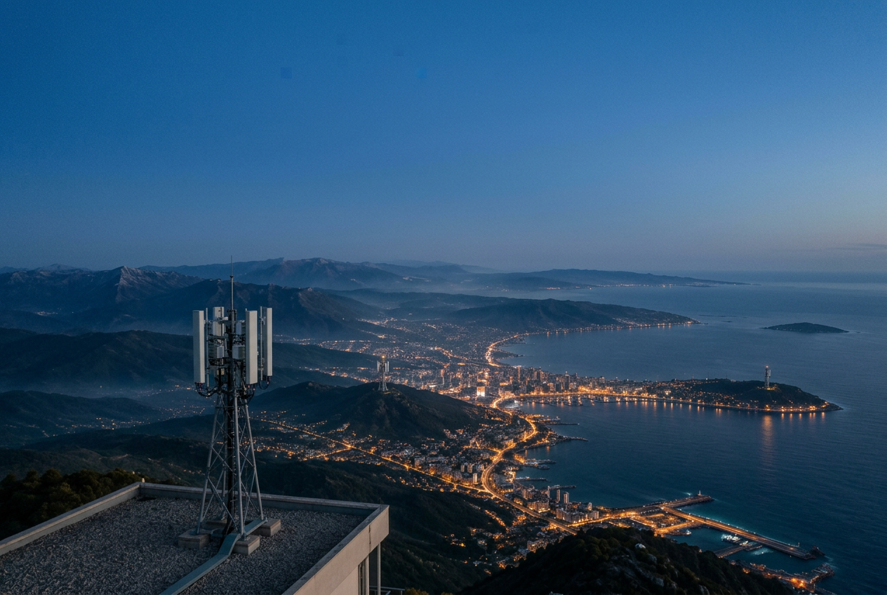 Satellite connecting several mobile network towers around a coastal city