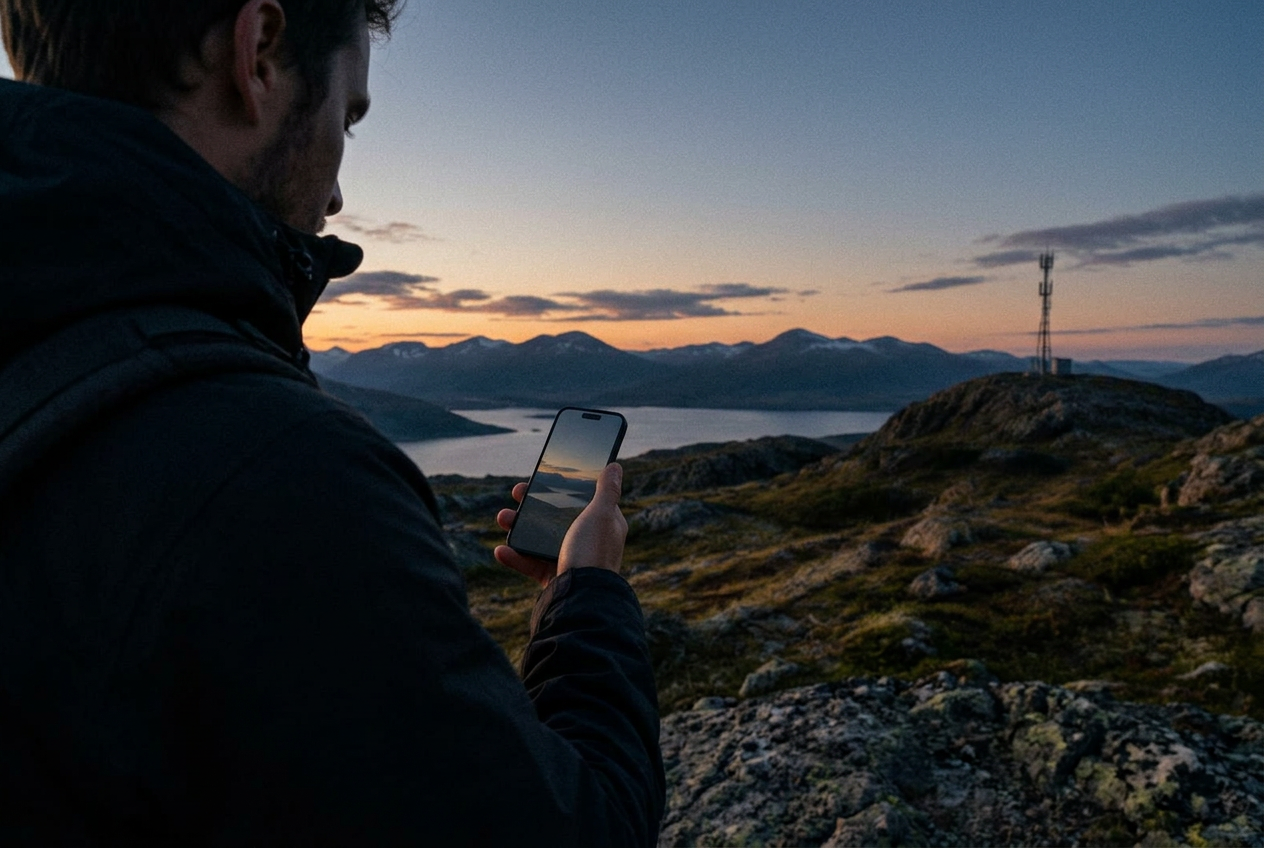 Smartphone connecting to a satellite in a remote landscape with a mobile tower nearby