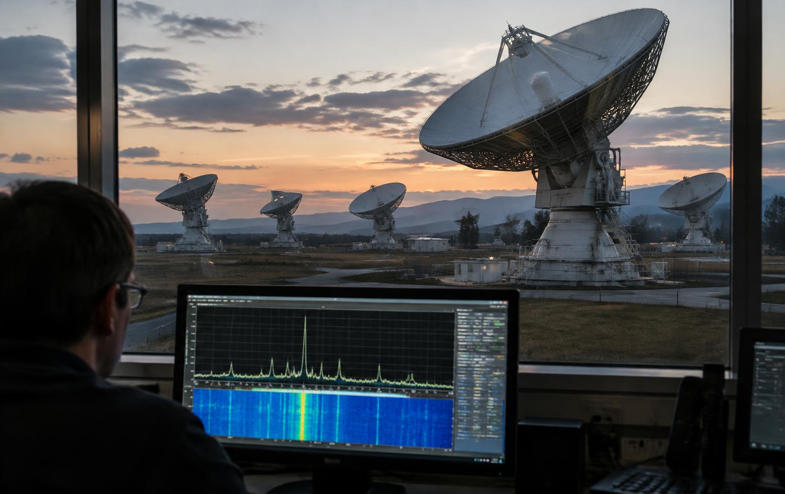 Satellite ground station antennas at dusk with a spectrum analyser in the control room