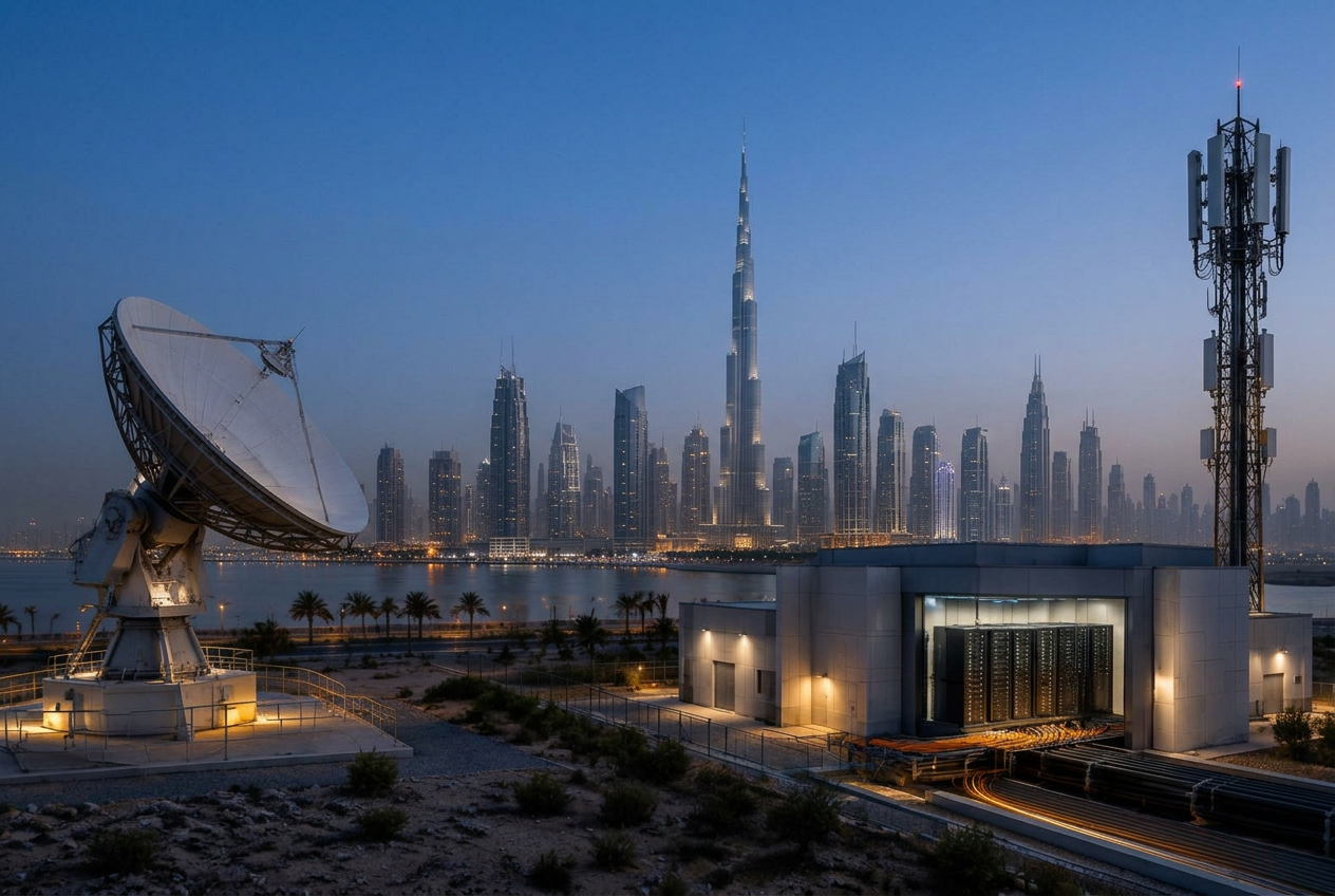Dubai skyline connected to satellite, fibre and mobile communications infrastructure