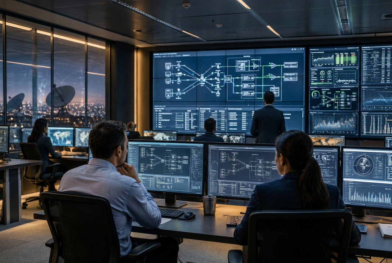 Satellite network operations team reviewing global coverage and performance
